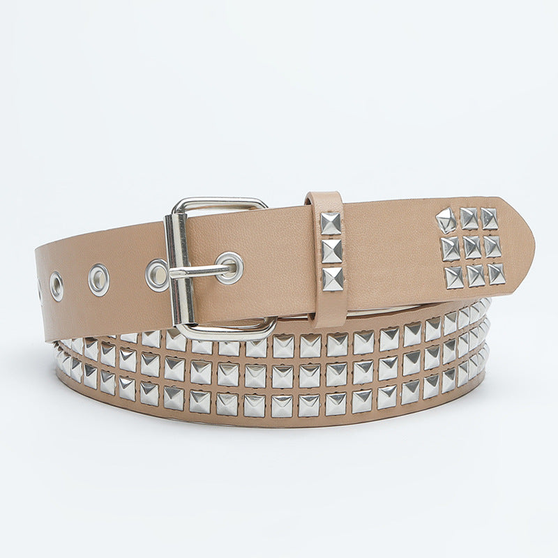 Women's black PU leather belt with square bead rivet pyramid inlaid design, pin buckle, 3.3cm wide