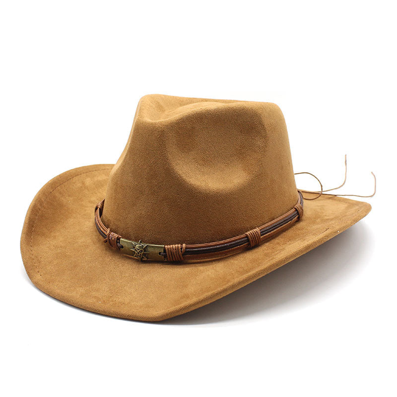 Men's suede western cowboy hat, retro curled brim style, 8cm wide sun shield, all-season wear