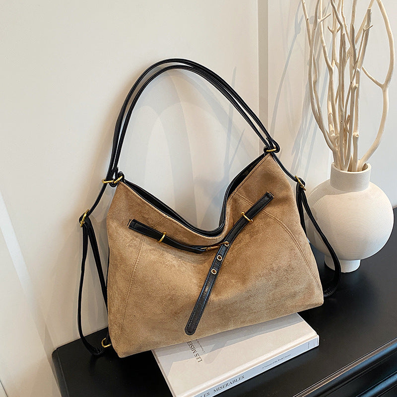 Women's large suede shoulder tote bag vintage luggage style horizontal square shape with zipper pocket