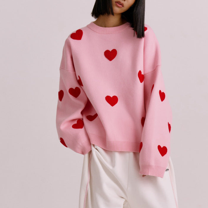 Women's oversized knit sweatshirt cozy heart pattern relaxed silhouette everyday casual layer