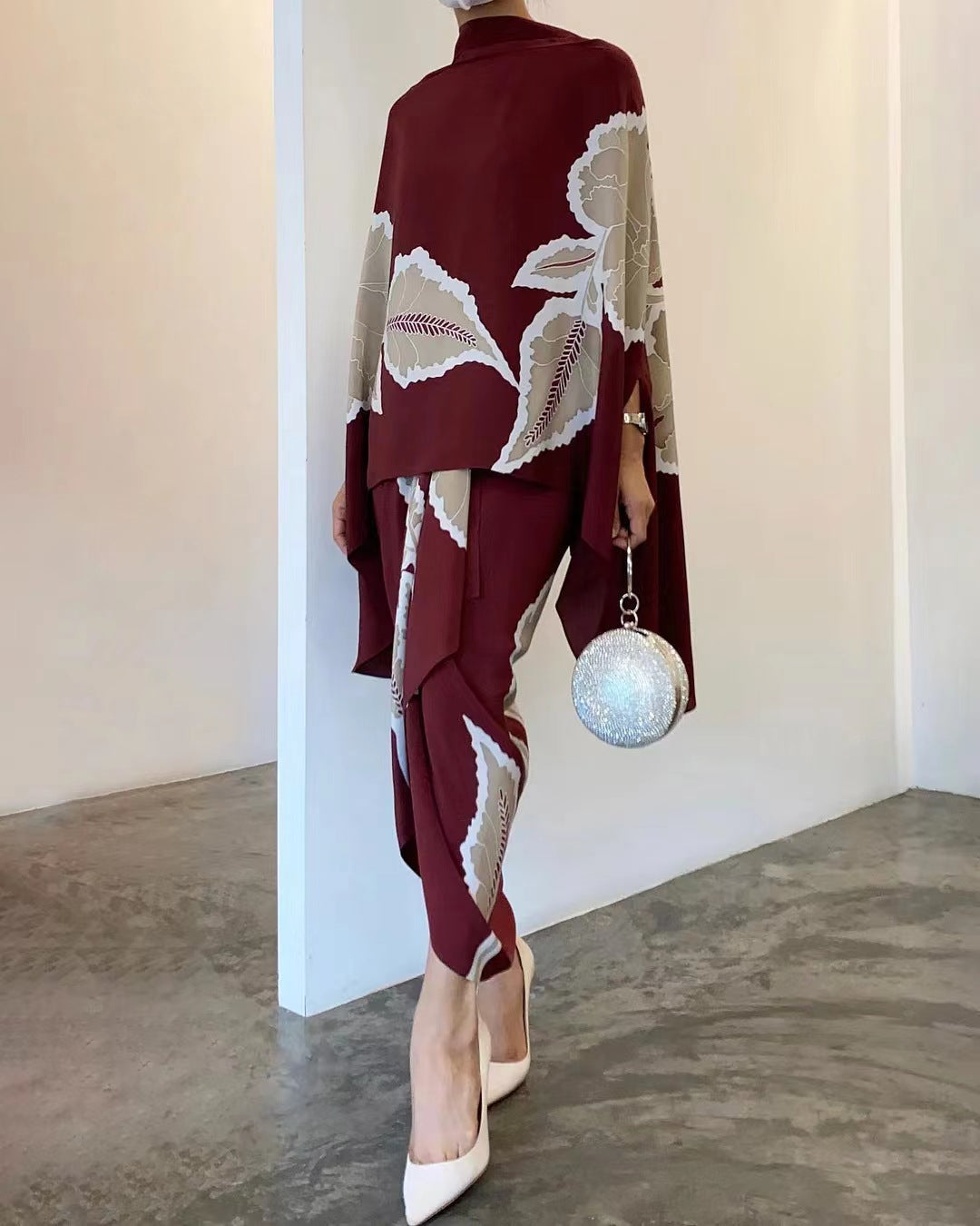 Floral print cape-style top and wide-leg pants two-piece set slim elegant party outfit
