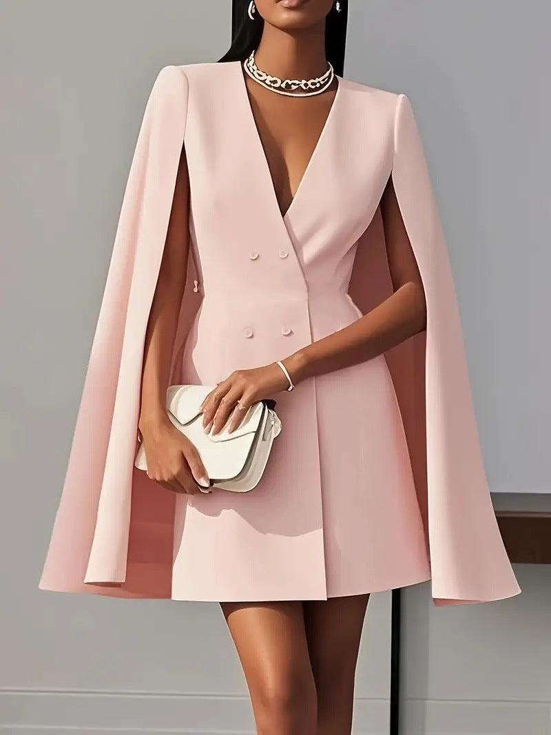 Women's black double-breasted cape mini dress V-neck solid color chic office workwear polished style
