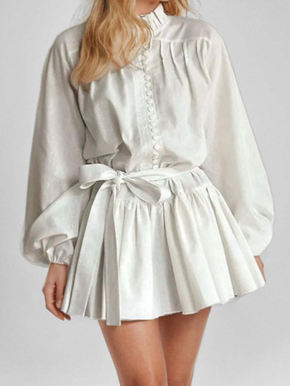 Women's printed long sleeve tie neck A-line dress, elegant lace-up polyester office midi