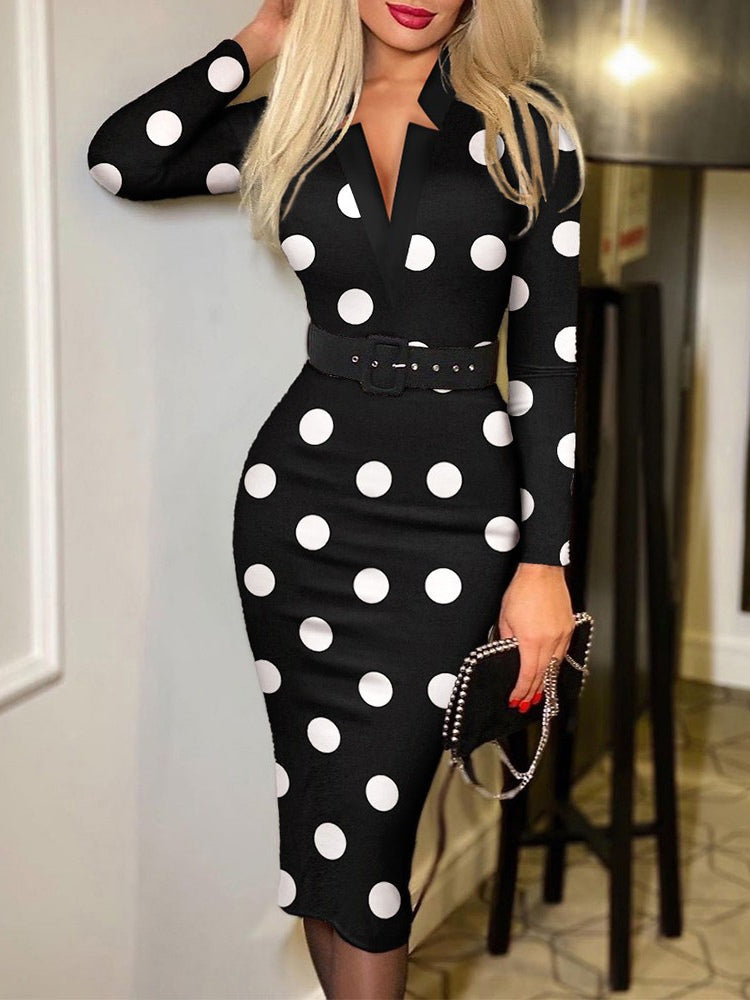 Plaid bodycon midi dress women V-neck long sleeve high waist belt figure-flattering pencil silhouette