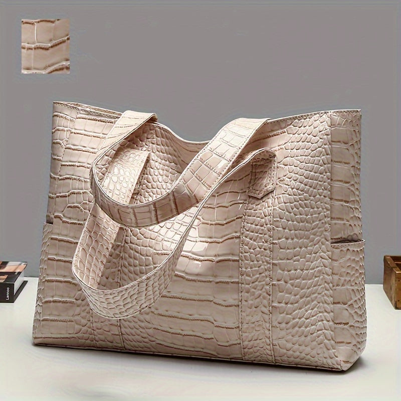 Women's large embossed tote shoulder bag with double straps and spacious interior for everyday use