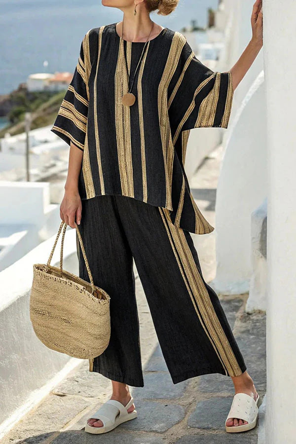 Women's striped loose T-shirt and straight pants set with batwing sleeves, chic relaxed summer fit