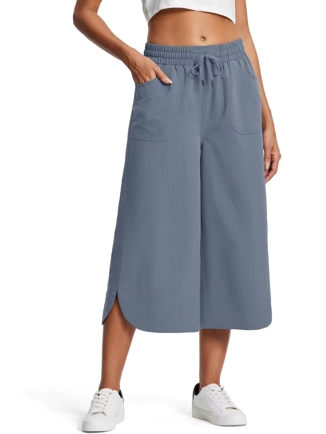 Women's wide leg capri pants lightweight breathable cotton blend smooth stretch waistband casual fit