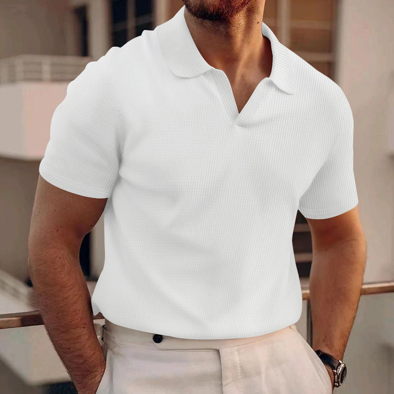 Rowan men's V-neck polo shirt in waffle knit texture, smart casual short-sleeve style for everyday wear