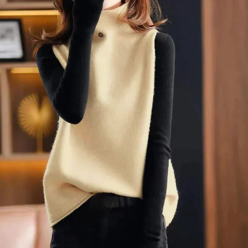 Women's relaxed-fit sleeveless vest with stand-up collar for soft structured layering