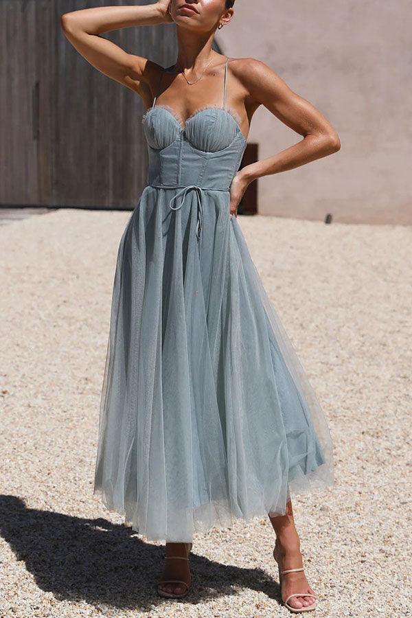 Women's sleeveless chiffon tulle maxi dress ankle-length round neck party gown