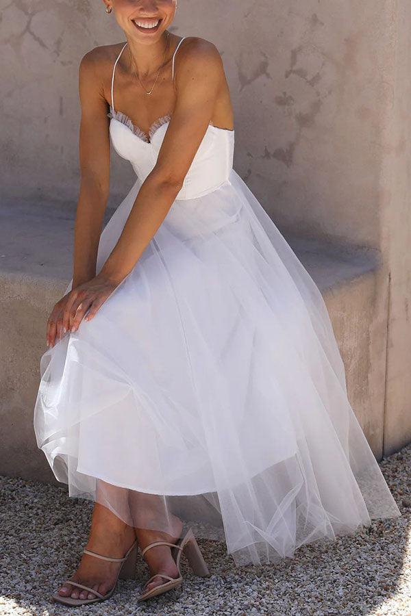 Women's sleeveless tulle maxi dress with round neck, ankle-length party style in chiffon suspender design