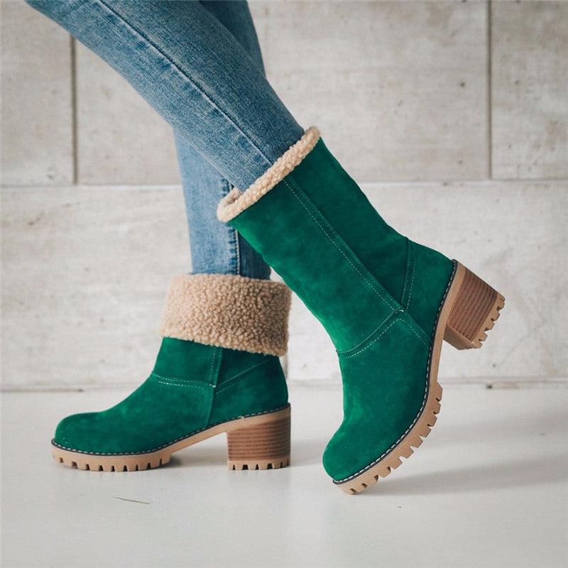 Women's suede look mid-height block heel boots with plush faux fur trim, non-slip sole