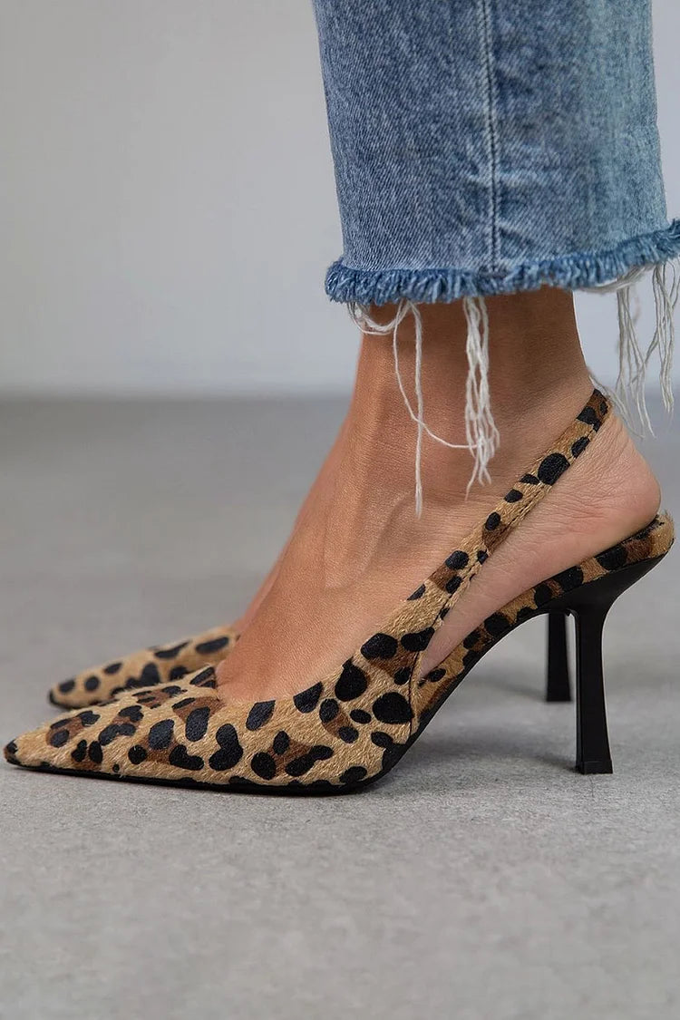 Women's leopard print pointed toe slingback heels with adjustable strap and textured pump silhouette