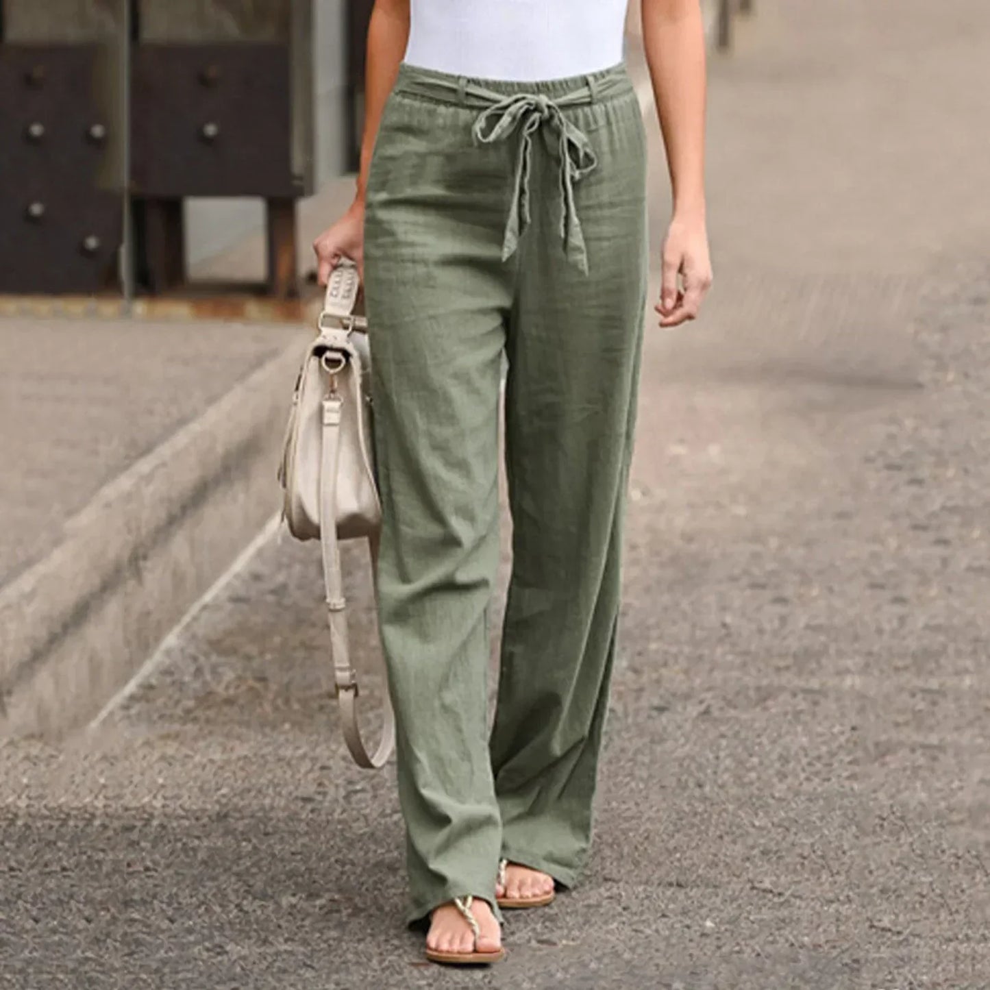 Women's wide-leg high-waist linen-blend trousers with tie belt, breathable full-length chic fit