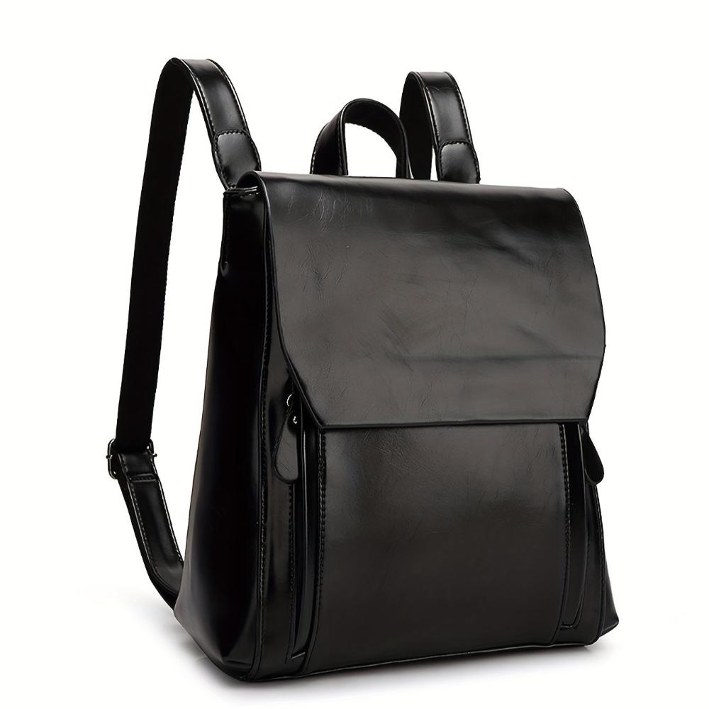 Women's black vegan leather structured backpack with flap closure and adjustable straps sleek design