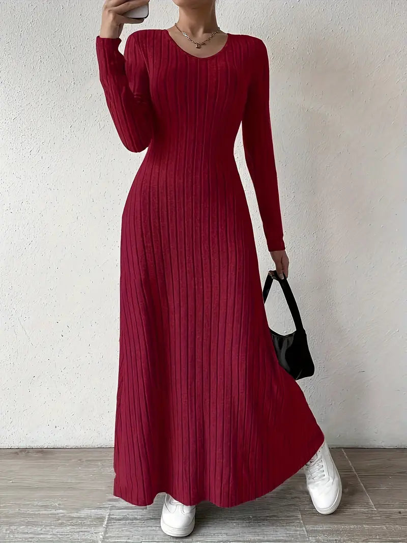 Women's ribbed long sleeve maxi dress in neutral tone, tailored fit with flattering ribbed texture