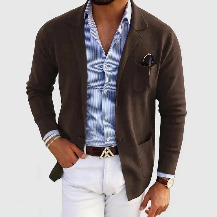 Men's slim fit navy knit blazer with contemporary silhouette and flexible fabric for business casual