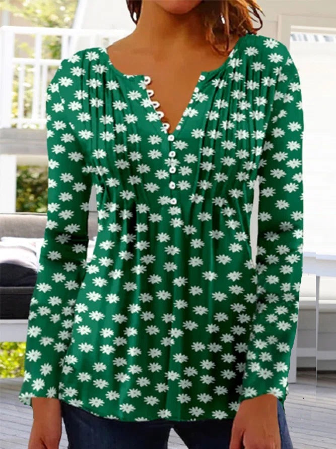 Women's floral V-neck blouse three-quarter sleeve gathered bust elegant everyday top