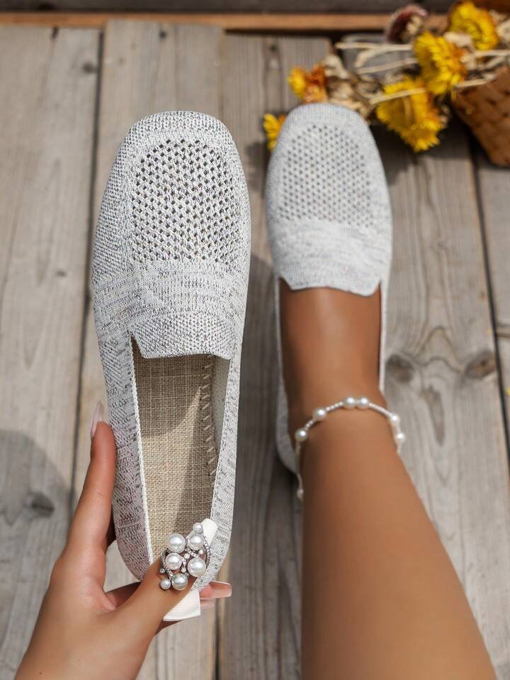 Women's breathable knit slip-on flats with square toe, flexible comfort design for all-day wear