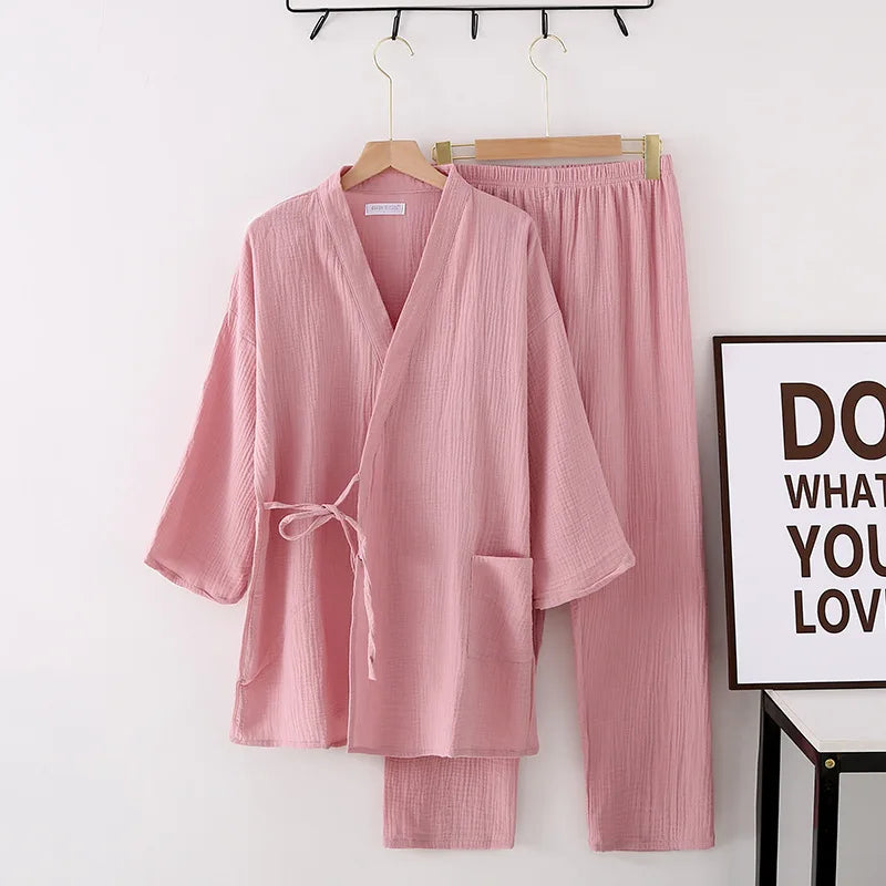 Women's Japanese-style pajama set in soft lightweight fabric with relaxed elegant silhouette