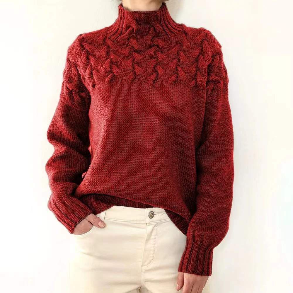 Women's solid color cozy turtleneck sweater long sleeve medium weight streamlined silhouette