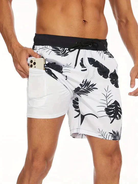 Men's tropical palm print beach shorts with adjustable drawstring waist for bold coastal style