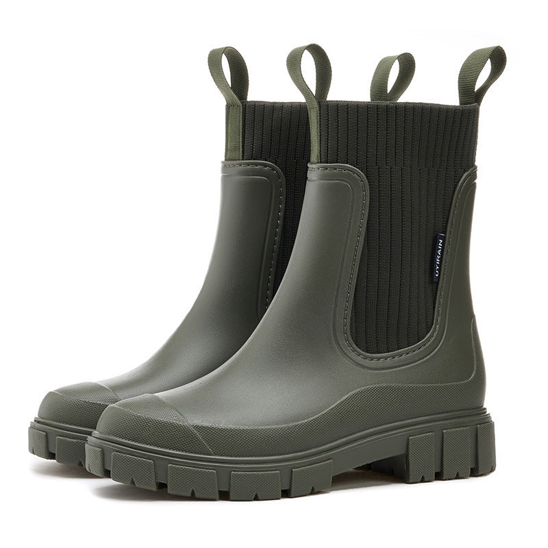 Waterproof rubber Wellington rain boots with non-slip sole, durable all-weather outdoor footwear