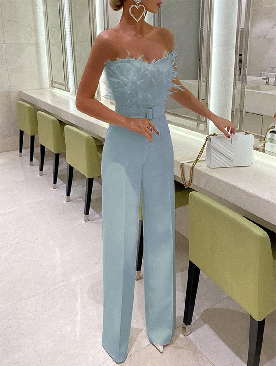 Black feather tube top set women glamorous evening fitted bodice flowing floor-length silhouette