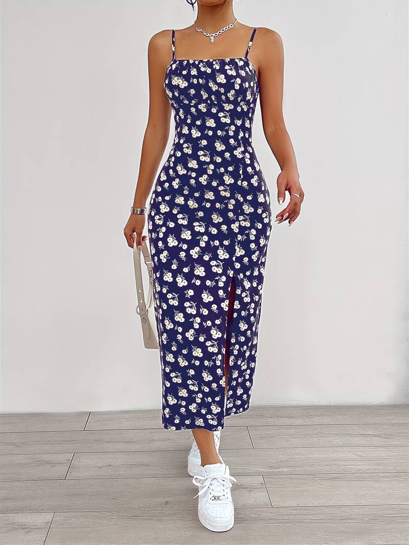 Women's floral print cami dress with split hem, airy lightweight silhouette for everyday elegance