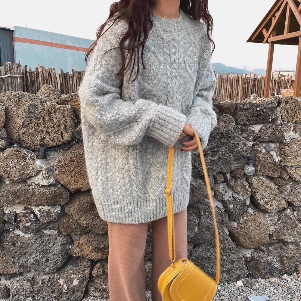 Women's relaxed midi mohair alpaca blend sweater with cozy twisted knit and anti-pilling finish