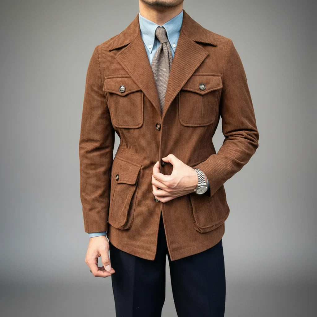 Men's navy herringbone tailored blazer with gold-tone buttons, slim fit for modern professionals