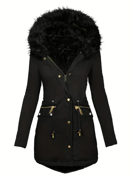 Ruby red faux fur hooded parka for women with adjustable drawstring fit for winter warmth