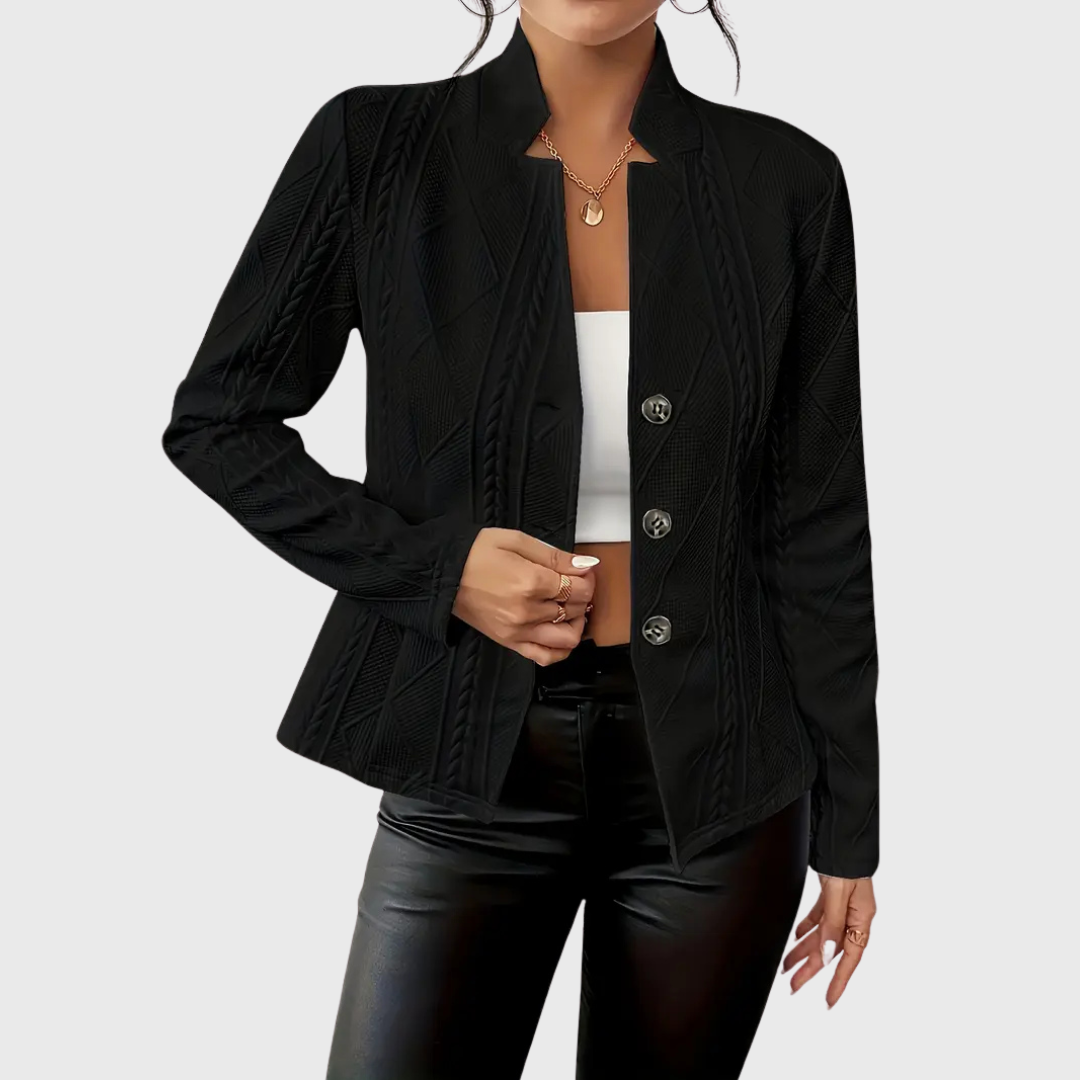 Women's black structured buttoned jacket fitted waist-defining cut for office and evening elegance