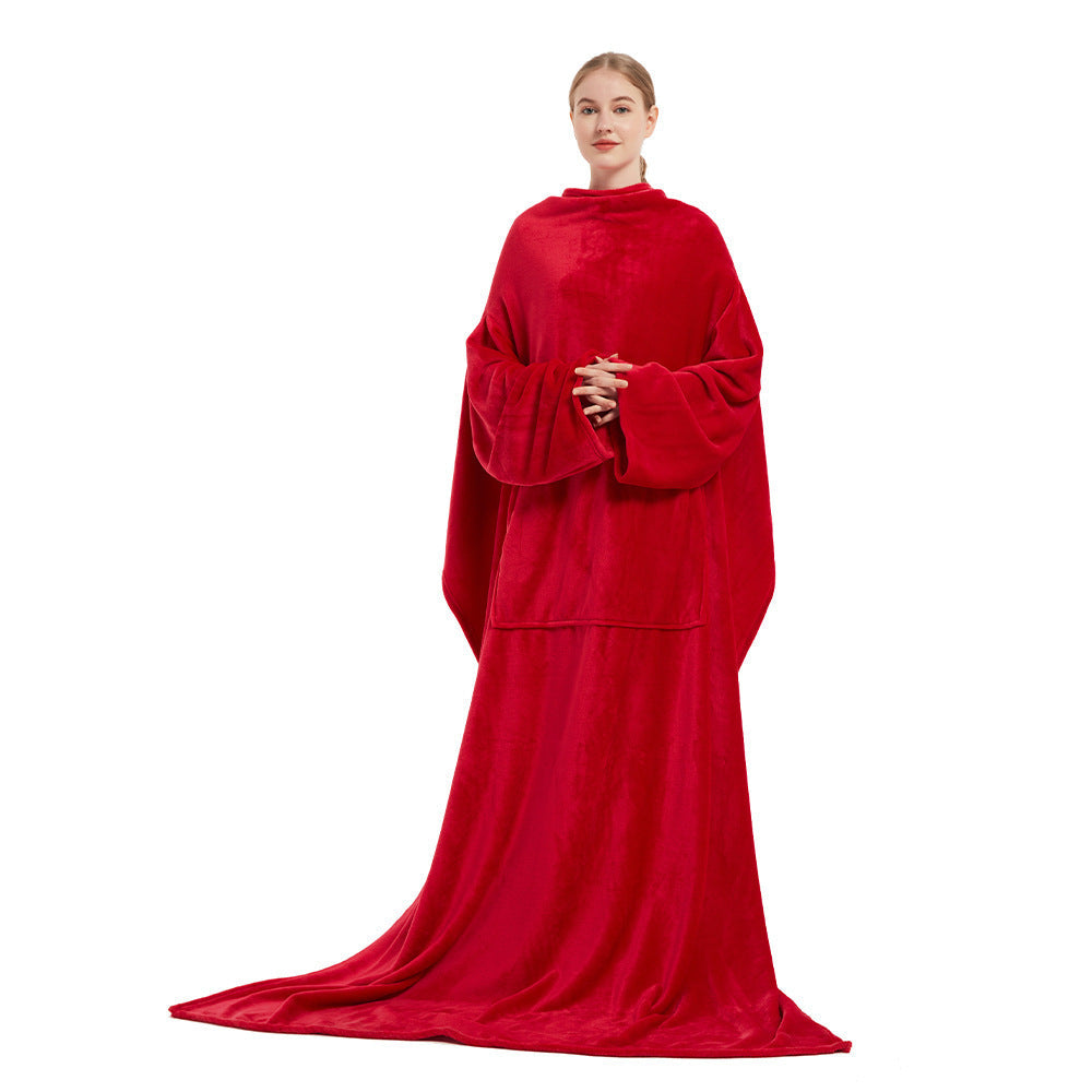 Soft portable fleece blanket wrap with front pocket, loose fit for home and travel warmth