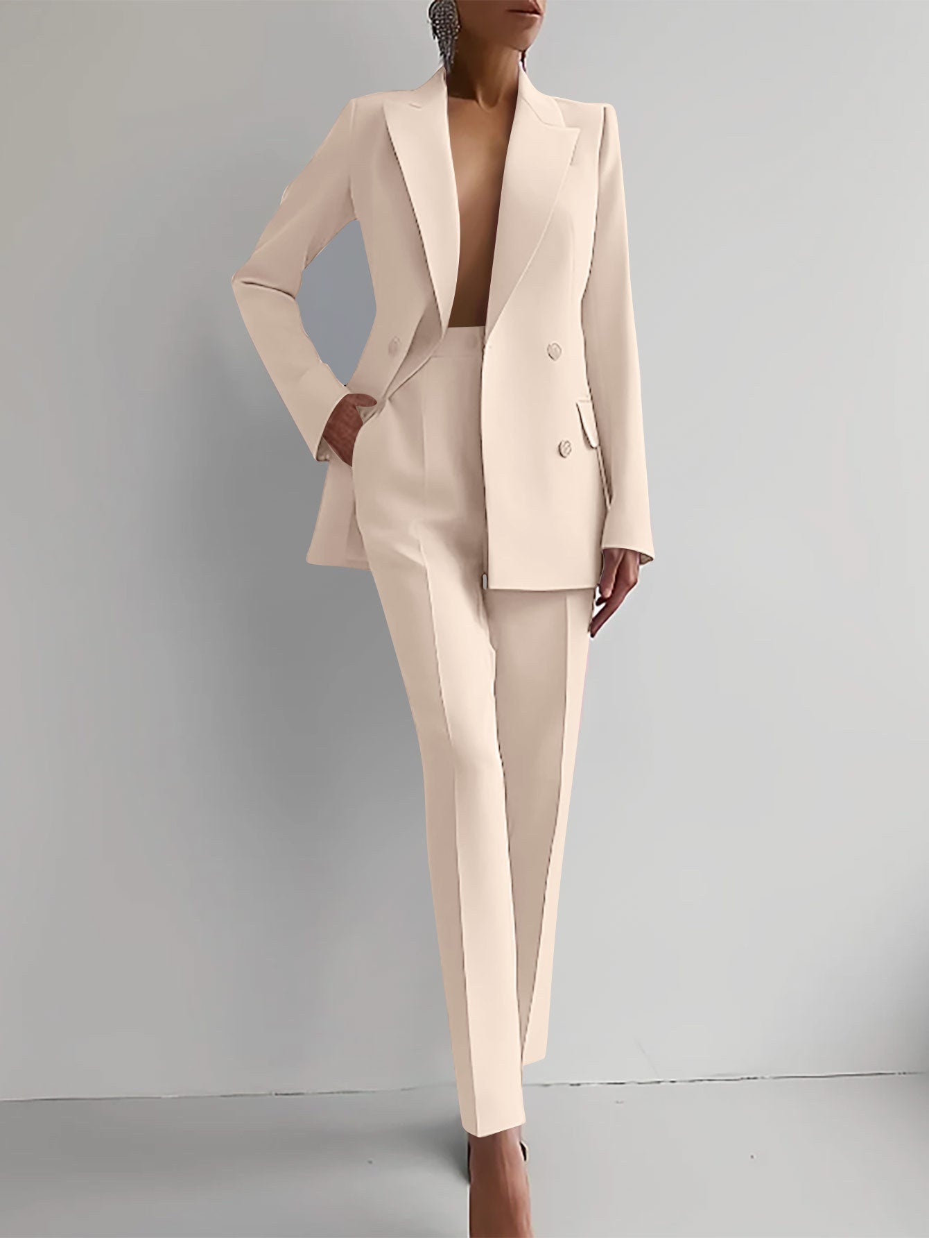 Women's solid-color single-breasted blazer and high-waist pants set, tailored professional casual ensemble