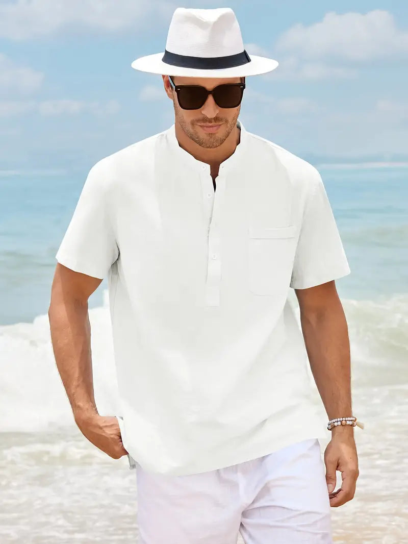 Men's collarless slim fit short-sleeve shirt versatile modern casual formal wardrobe essential
