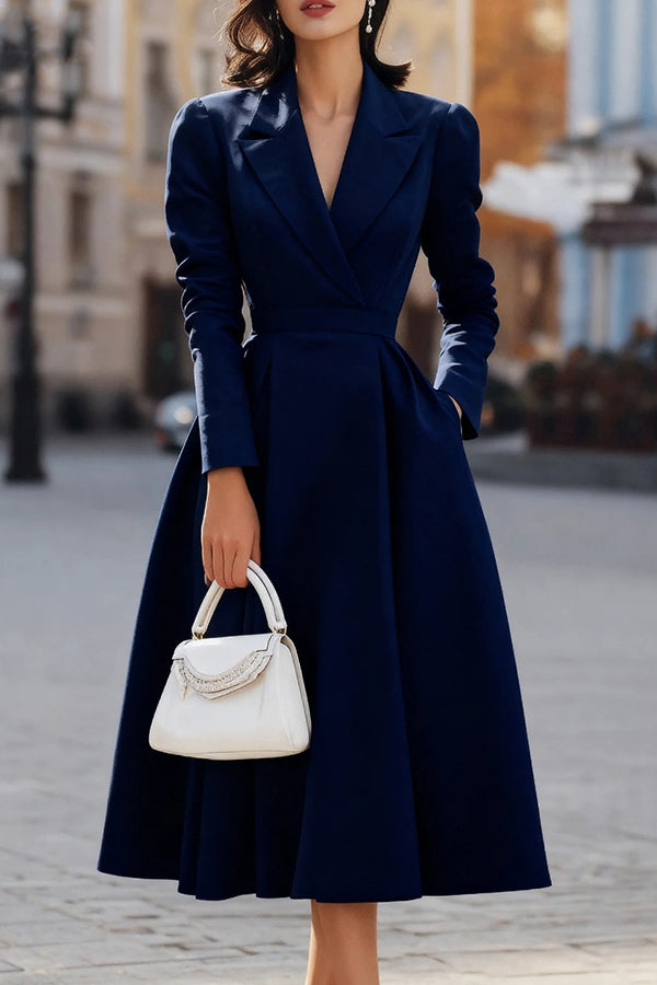 Women's slim fit calf-length midi dress in polyester with lapel neckline for office wear