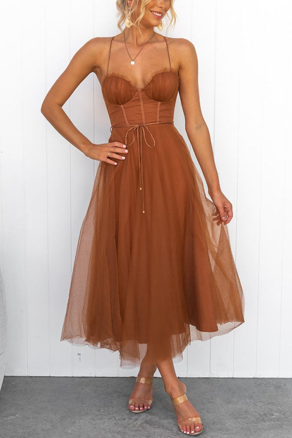 Blush tulle midi dress A-line silhouette with layered overlay, elegant spring wedding style