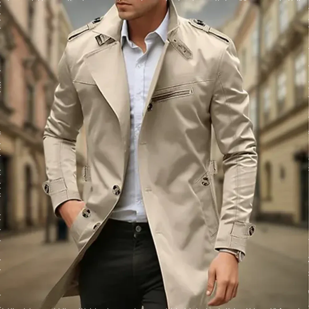 Men's slim-fit long coat elegant structured silhouette with discreet button closure for work