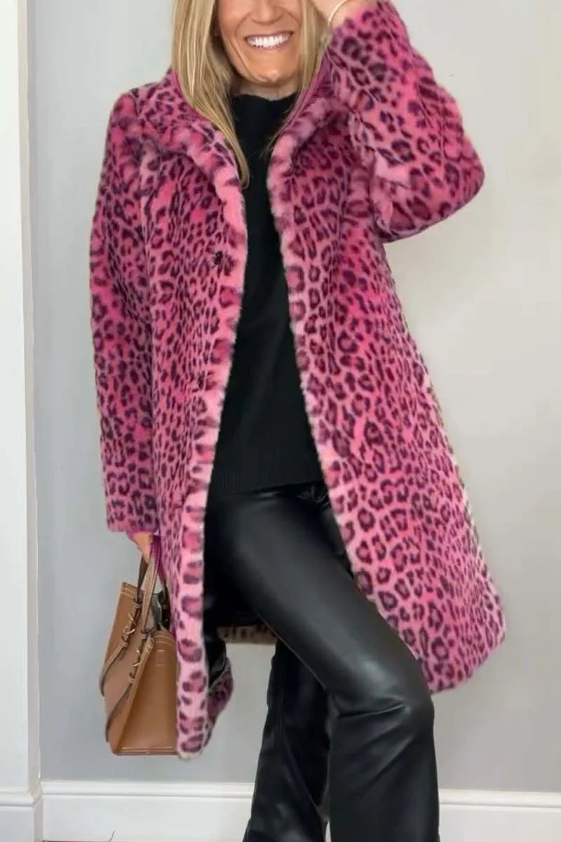 Women's mid-length leopard print faux fur coat, soft wool-feel fabric with spandex for easy movement