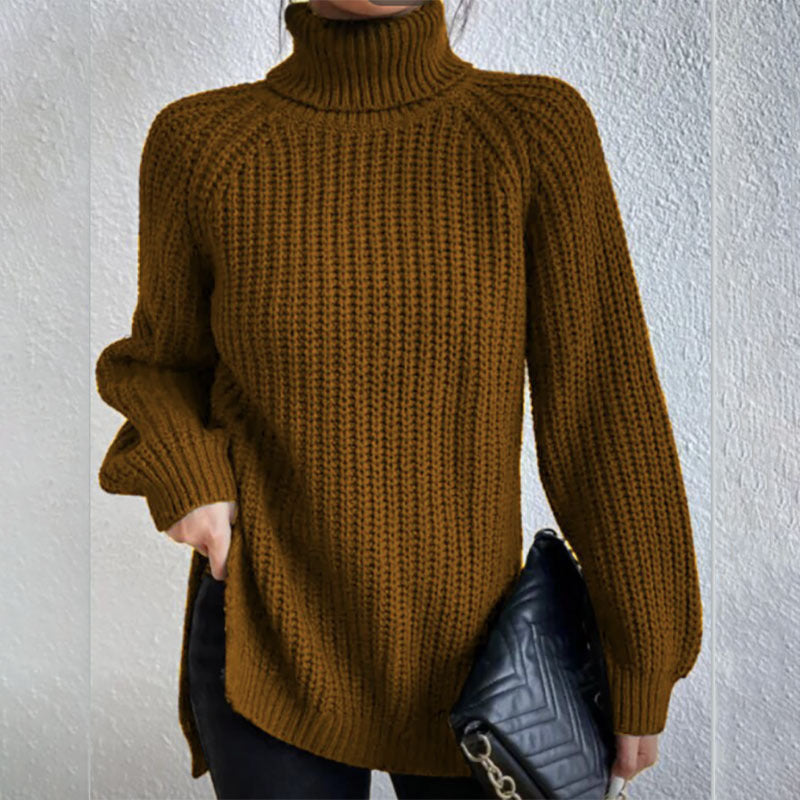 Chunky knit turtleneck sweater in neutral tone, unisex relaxed fit with high rolled collar