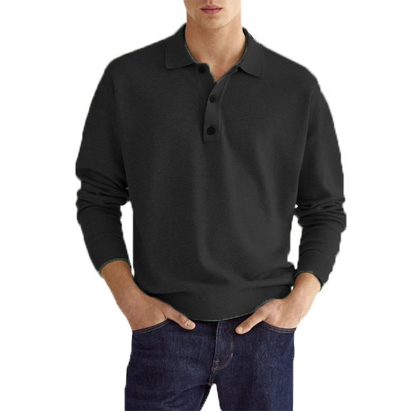 Men's long sleeve polo shirt relaxed fit classic button placket elegant casual style