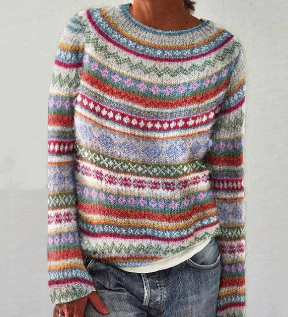 Women's relaxed cashmere wool sweater with colorful diamond pattern, soft cozy luxurious knit fit