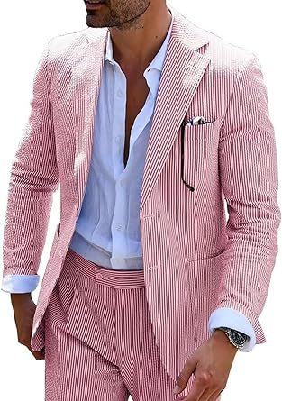 Men's light blue seersucker two-piece suit slim-fit jacket and trousers wrinkle-resistant breathable fabric