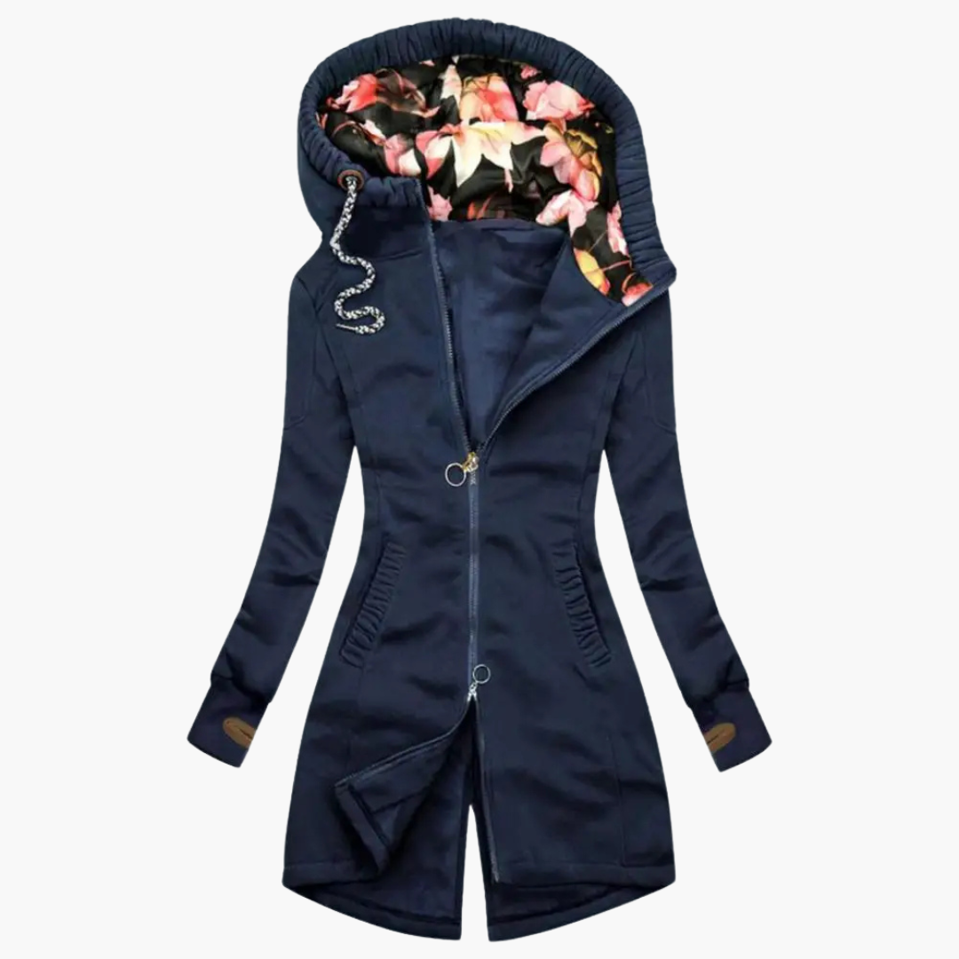 Pink long hooded zip jacket for women, chic fitted style with floral hood lining