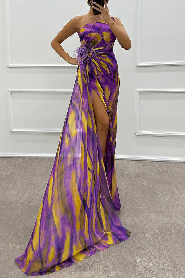 Bold blue-green one-shoulder slit maxi dress with asymmetric silhouette for formal elegant events