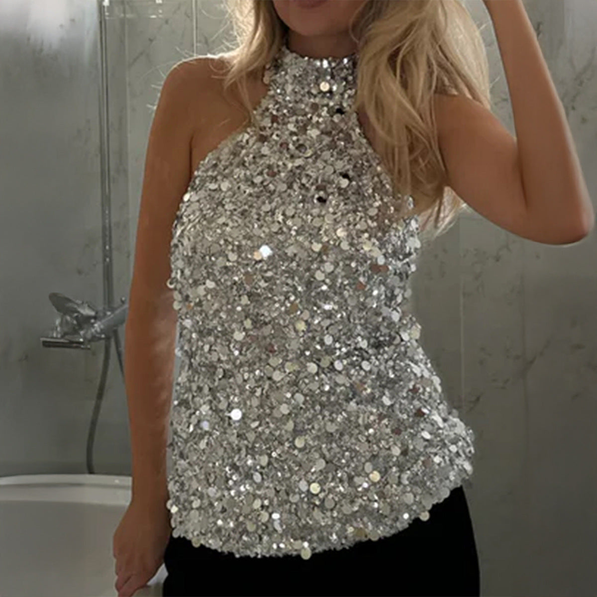 Women's silver sequin top high neckline sleeveless glamorous evening party blouse dazzling shine