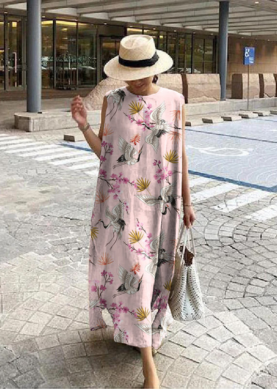 White floral bohemian linen maxi dress with side slit, breezy one-size fit for women