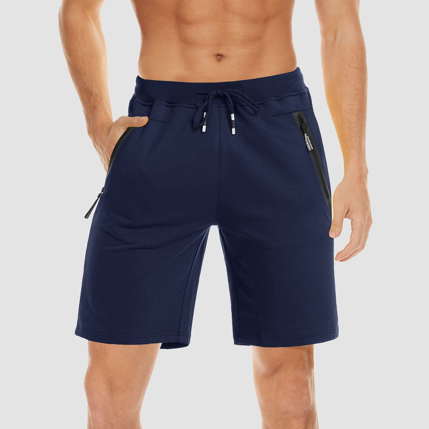Men's gray cotton jogger shorts with elastic drawstring waist and zipper pockets for active wear