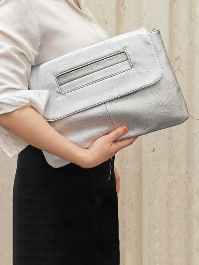 Large capacity magnetic clutch bag with crossbody strap, square silhouette, urban minimalist PU style
